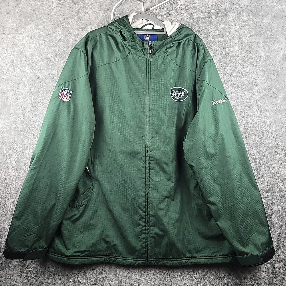 New York‎ Jets Jacket Mens 2XL Green NFL Football Reebok Fleece Lined Hooded Zip